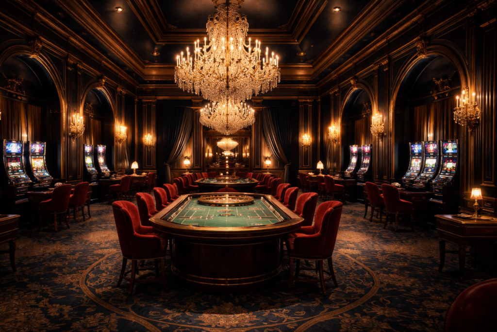 Salle de jeux luxueuse du Casino Impérial de Pompadour — roulette, machines à sous, décor empire