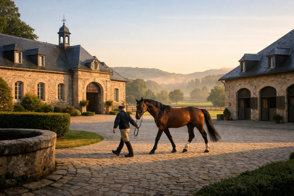 Cheval Anglo-Arabe présenté au Haras National de Pompadour dans la lumière dorée de Corrèze